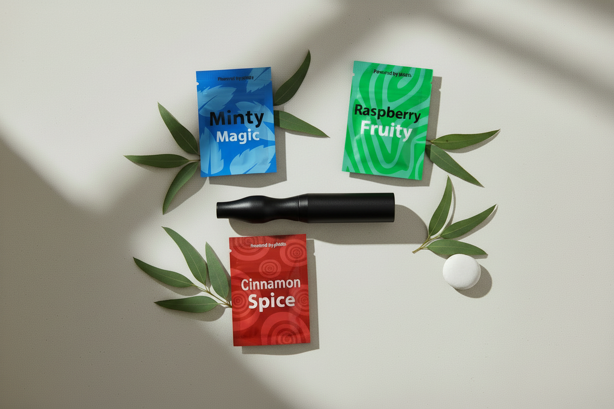 Inhalateur noir flat lay sachets