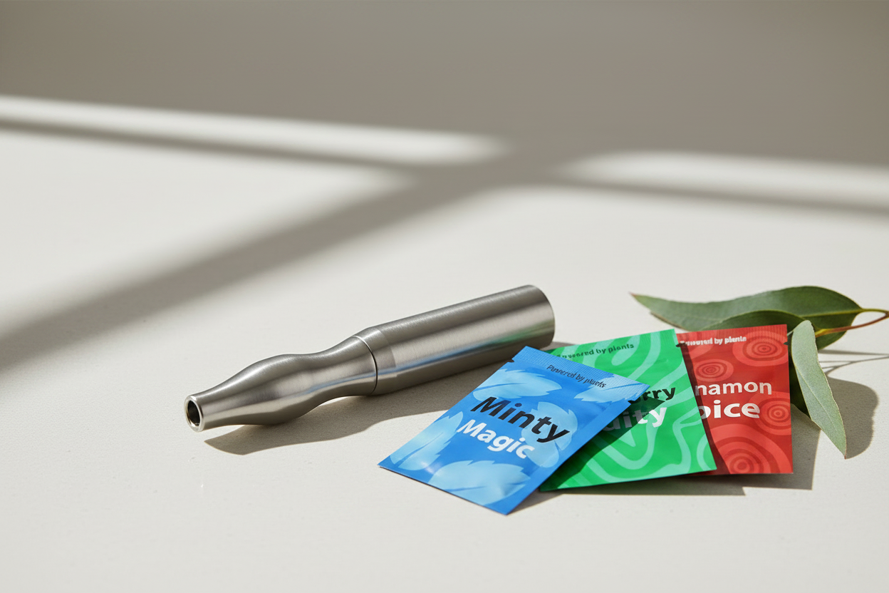 Inhalateur sachets gros plan fond gris beige